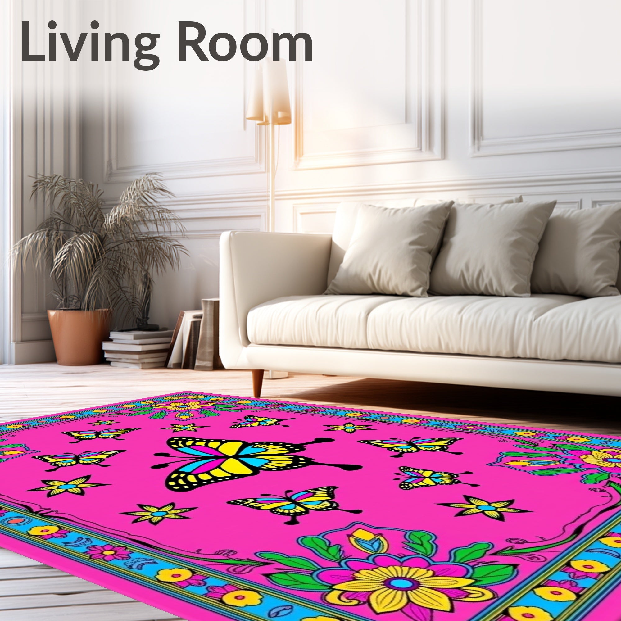 Vibrant Fuchsia Butterfly Floral Garden Rug