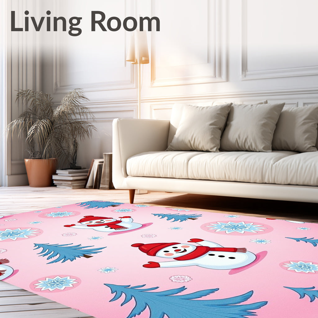 Charming Pink Snowman Winter Trees Rug