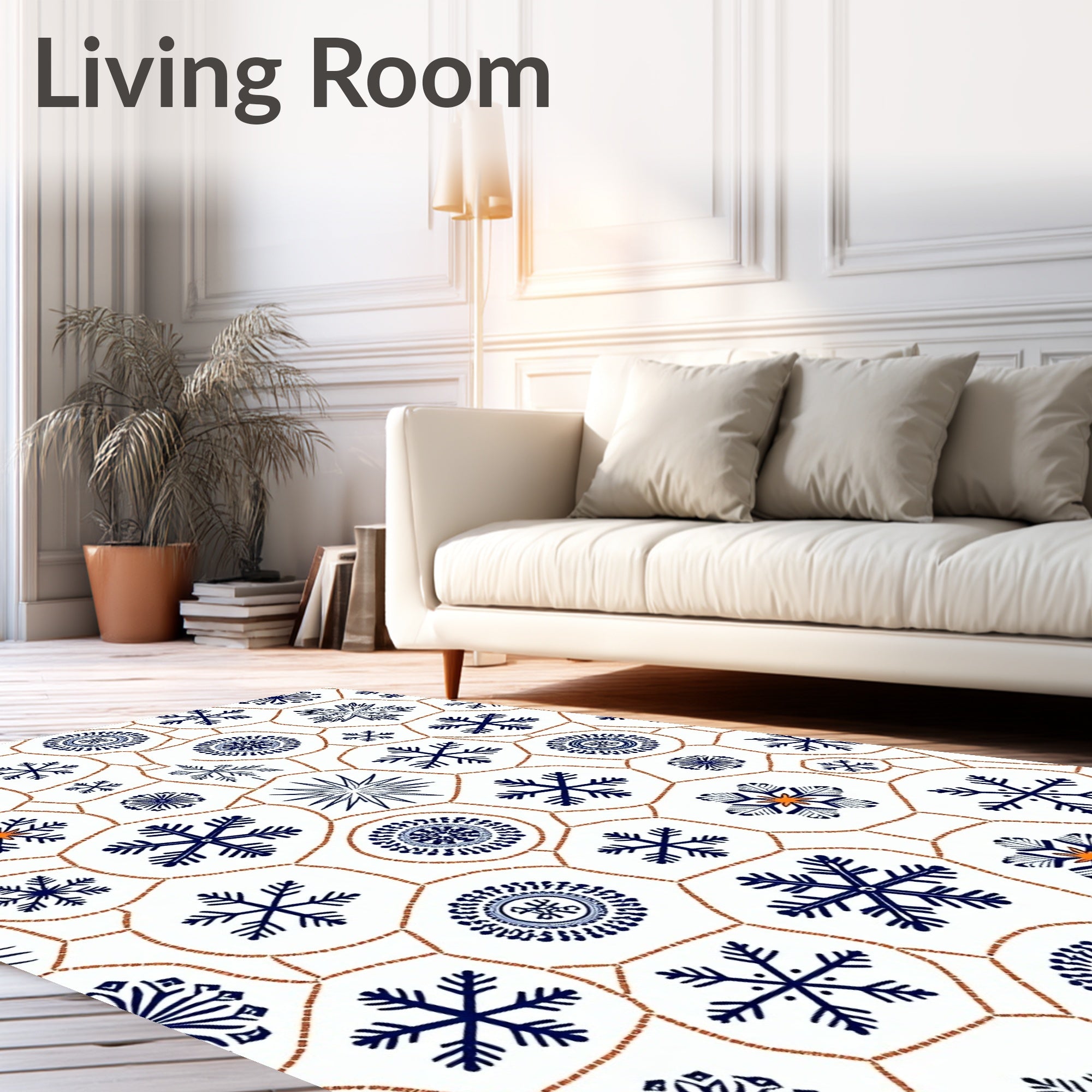 Navy Snowflake Medallion White Holiday Rug