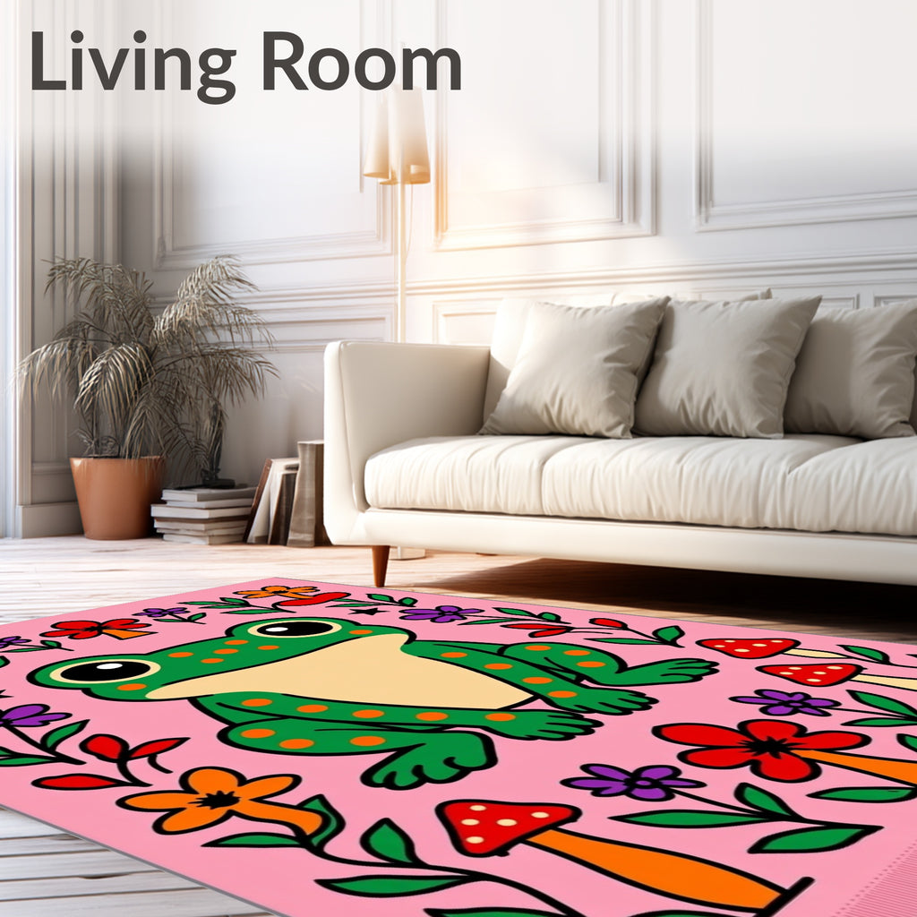 Whimsical Pink Frog Mushroom Floral Rug