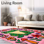 Whimsical Pink Frog Mushroom Floral Rug