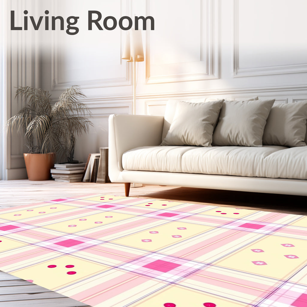 Soft Pink Plaid Dot Flower Rug