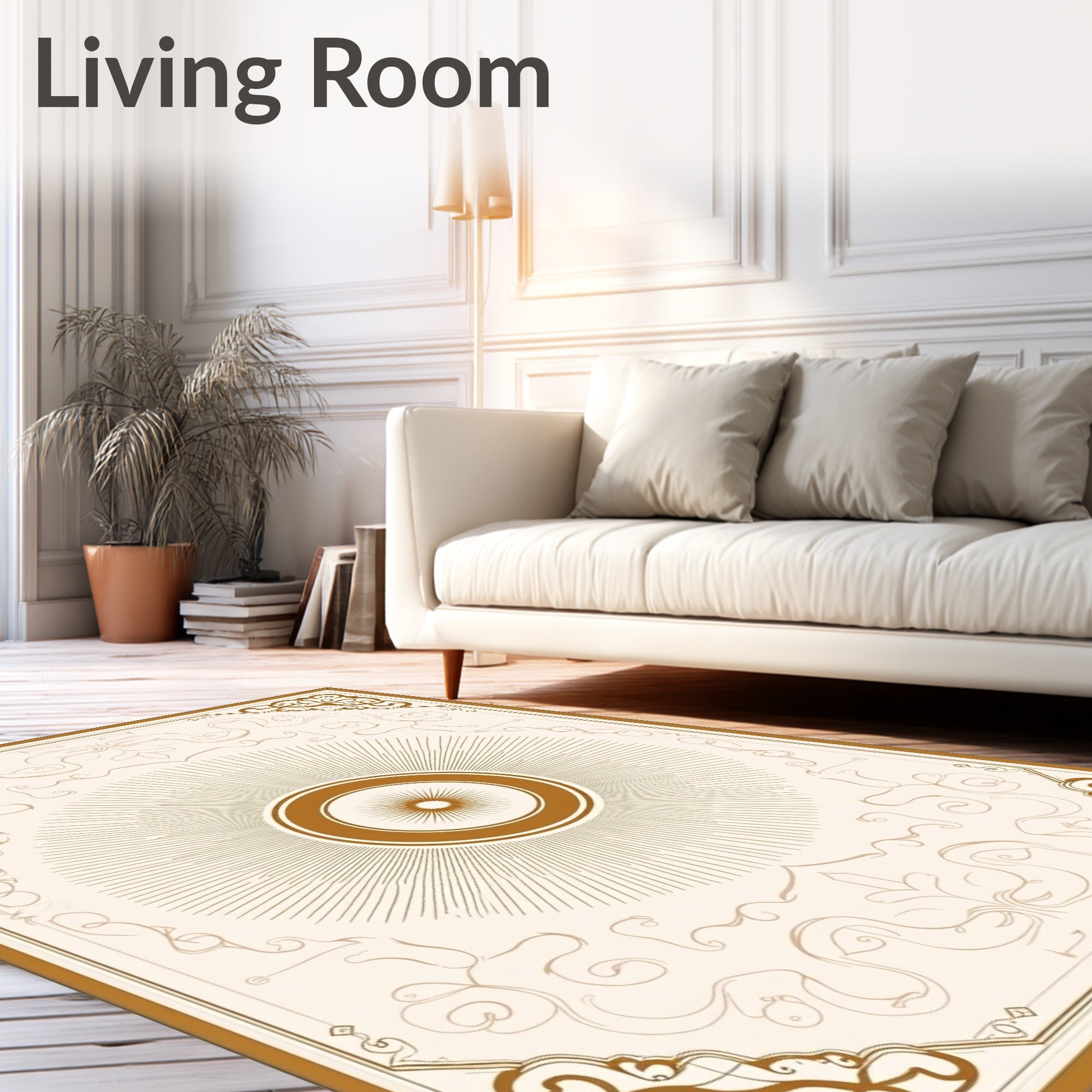 Golden Sunburst Medallion Scrollwork Border Rug