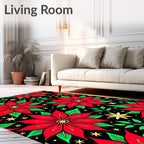 Red Poinsettia Floral Stars Black Rug