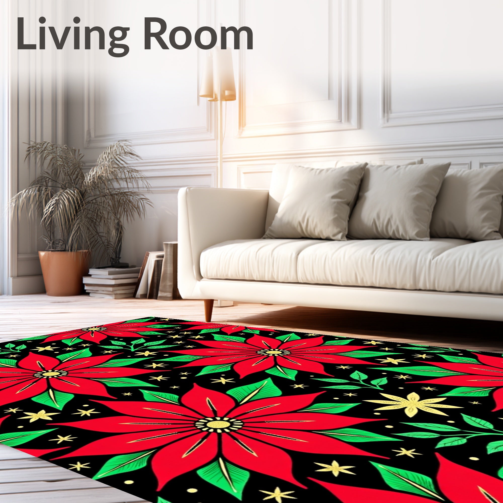 Red Poinsettia Floral Stars Black Rug