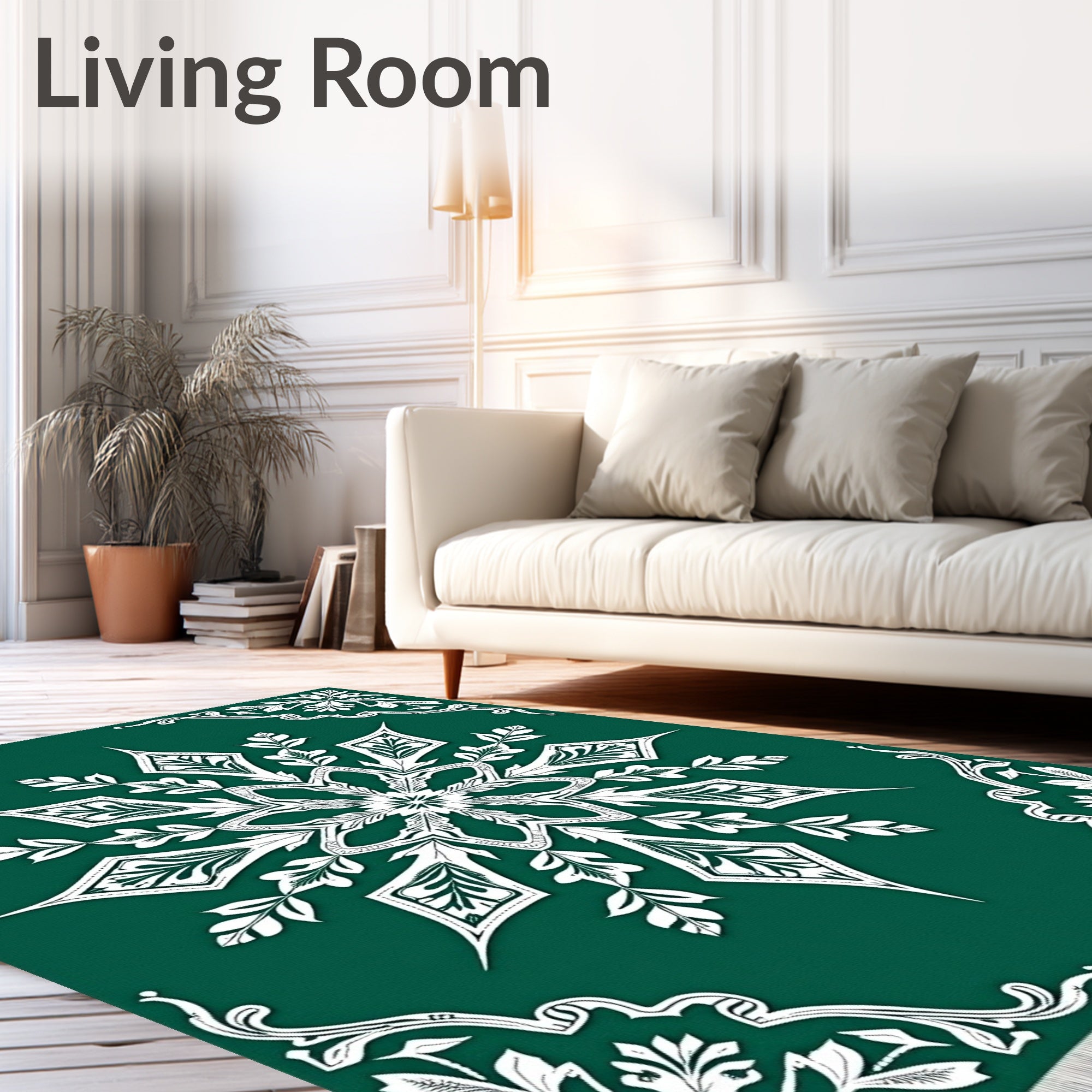 Deep Green White Scrollwork Medallion Rug