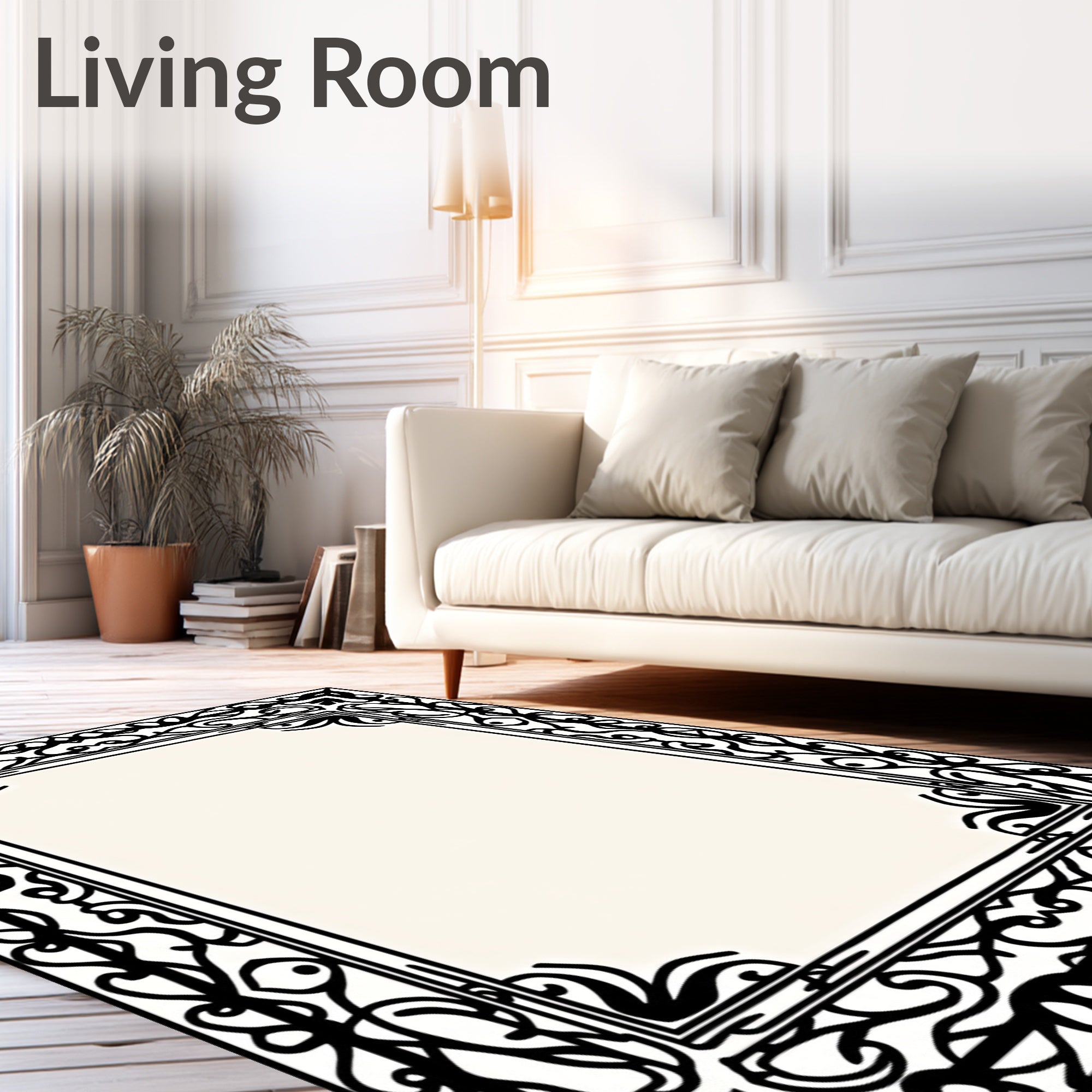 Ornate Black Scrollwork Border Rug