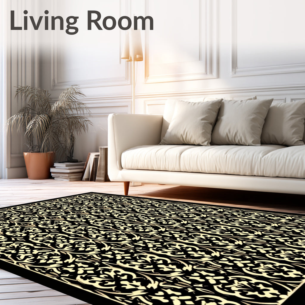 Gilded Black and White Scroll Work Rug