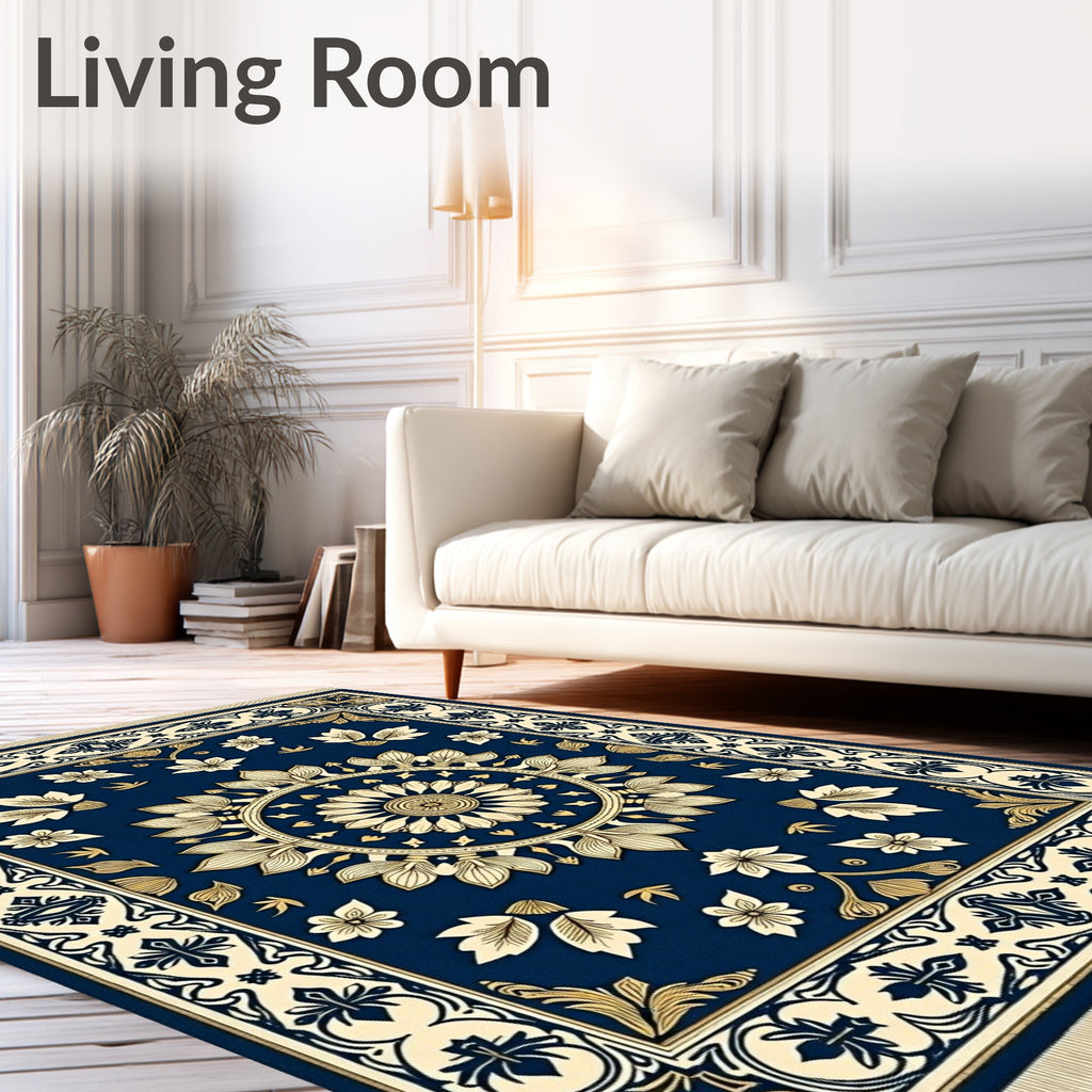 Navy Blue Gold Medallion Floral Rug