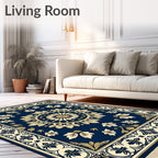 Navy Blue Gold Medallion Floral Rug