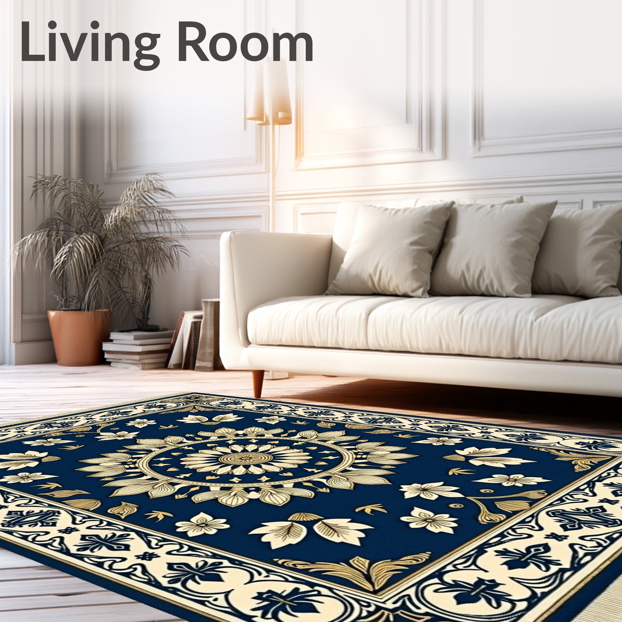 Navy Blue Gold Medallion Floral Rug
