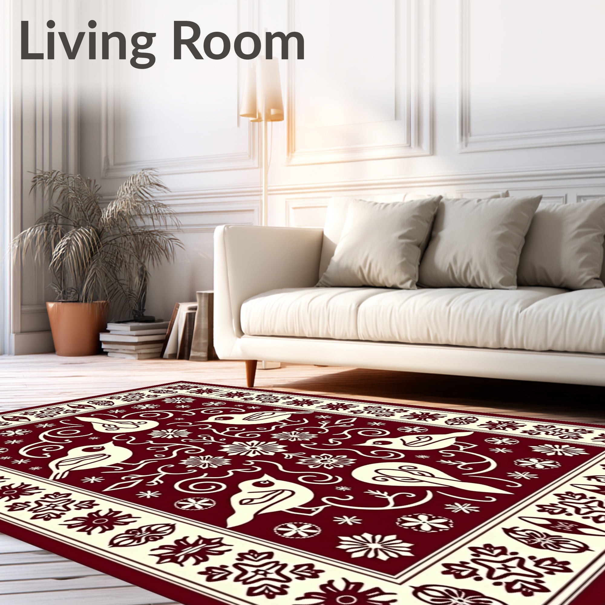 Red Cream Bird Floral Scroll Border Rug