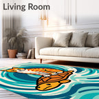 Orange Cat Riding Turtle Waves Rug