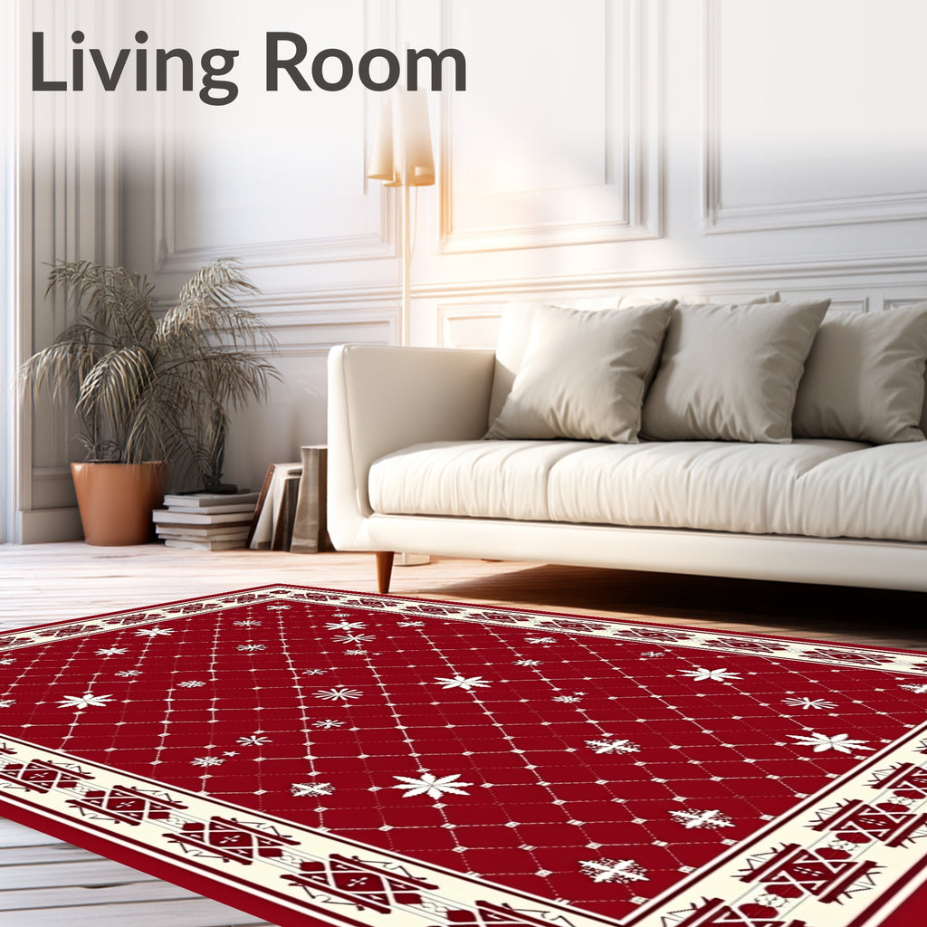 Crimson Snowflakes Lattice Border Rug