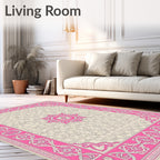 Vibrant Pink Floral Medallion Frame Rug