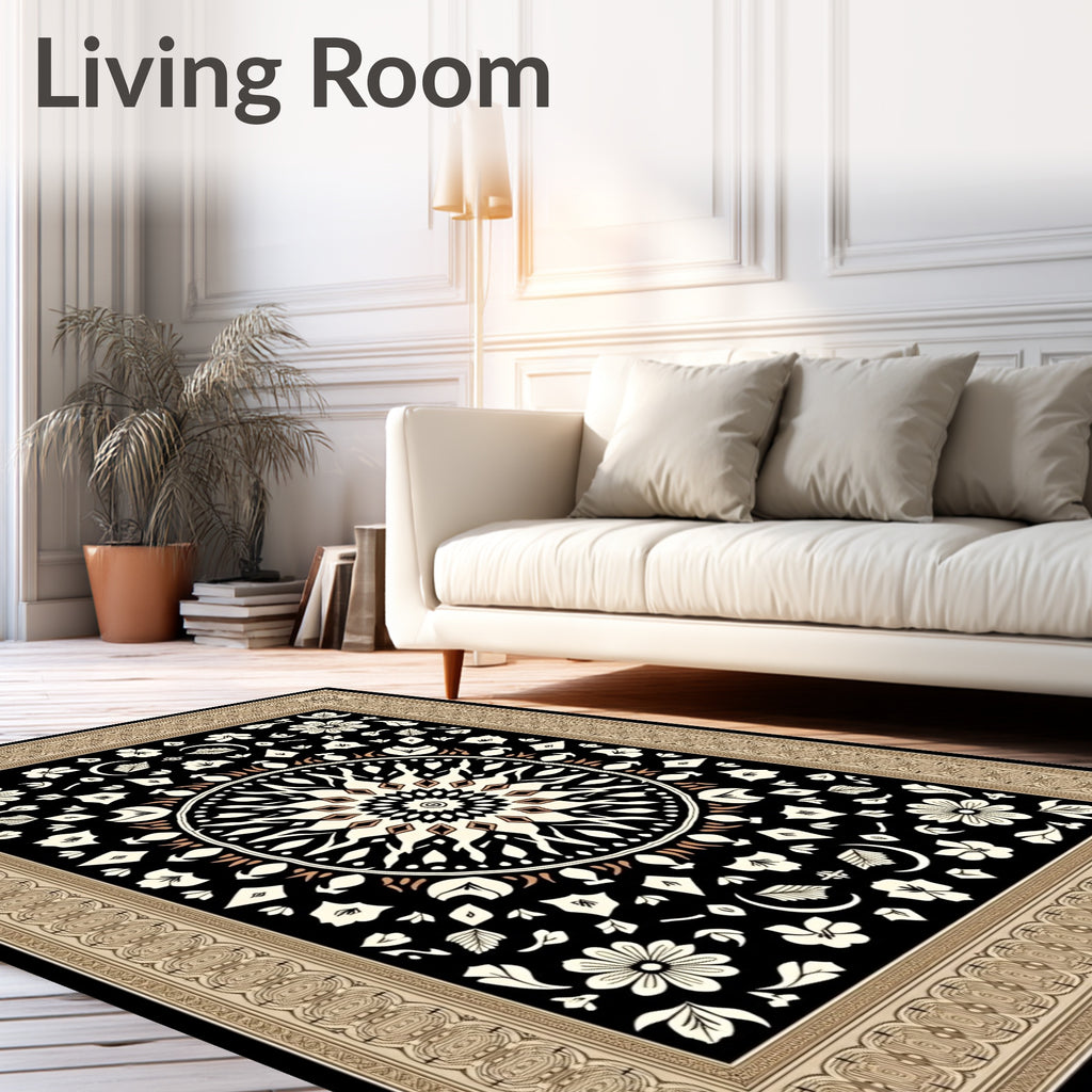 Floral Medallion Cream Black Border Rug