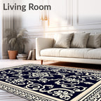 Deep Blue Cream Floral Medallion Rug