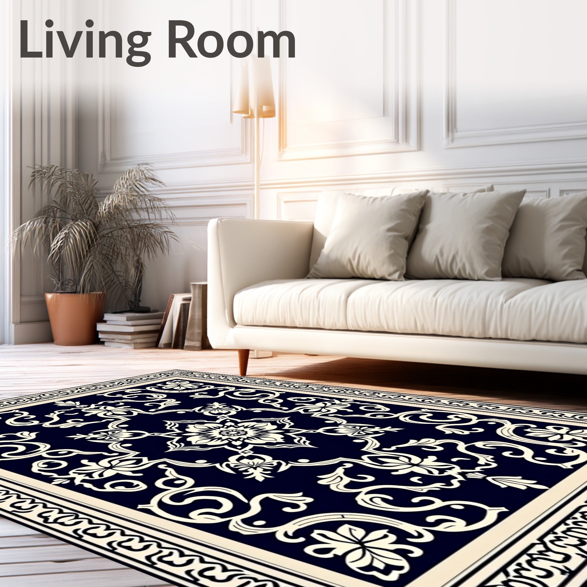 Deep Blue Cream Floral Medallion Rug