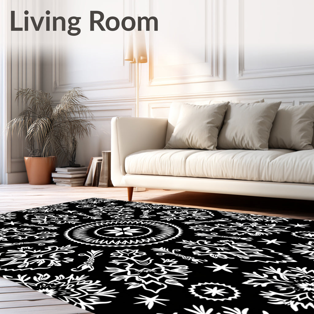 Black White Ornamental Starburst Medallion Rug