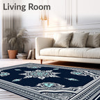 Navy Blue White Cyan Floral Medallion Rug