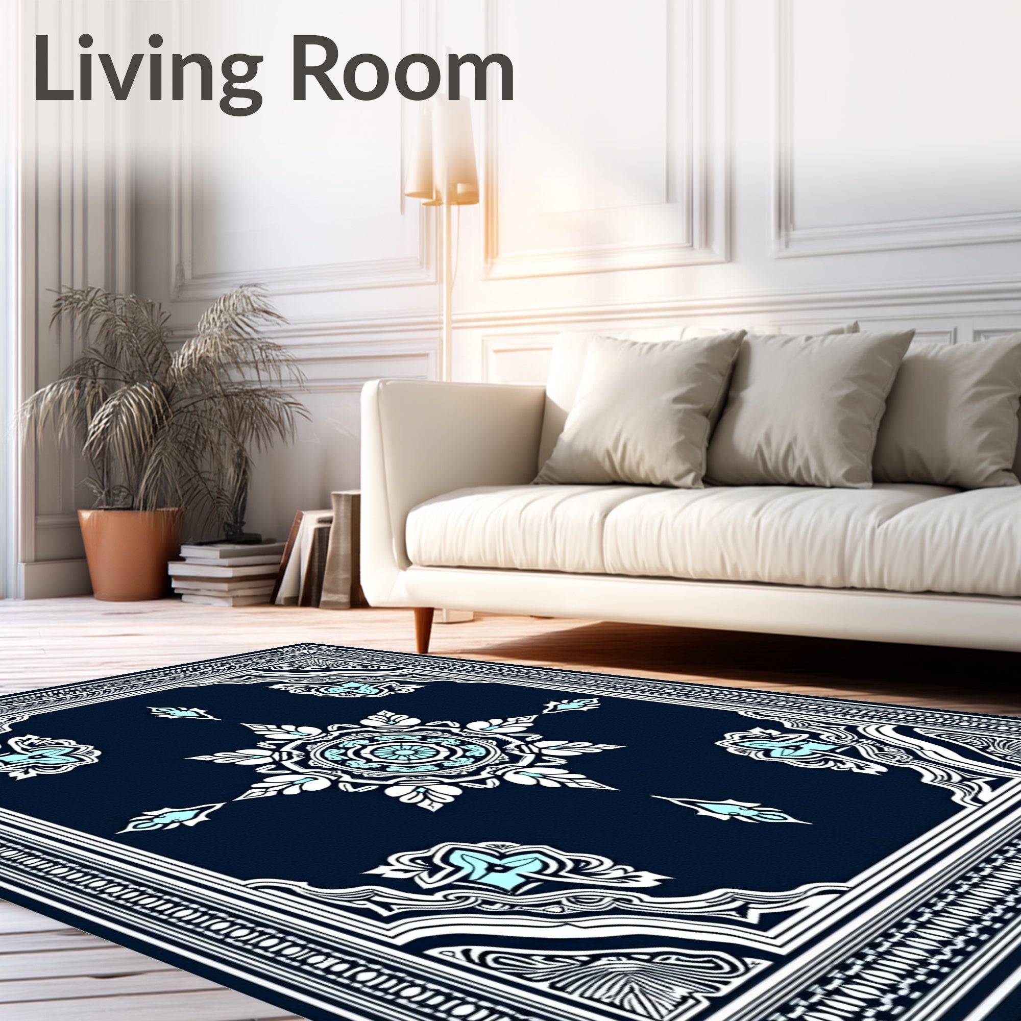Navy Blue White Cyan Floral Medallion Rug