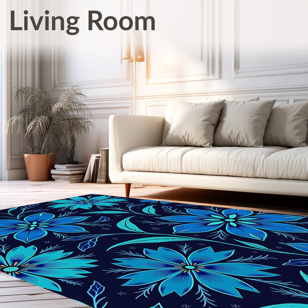 Deep Blue Floral Vine Botanical Rug