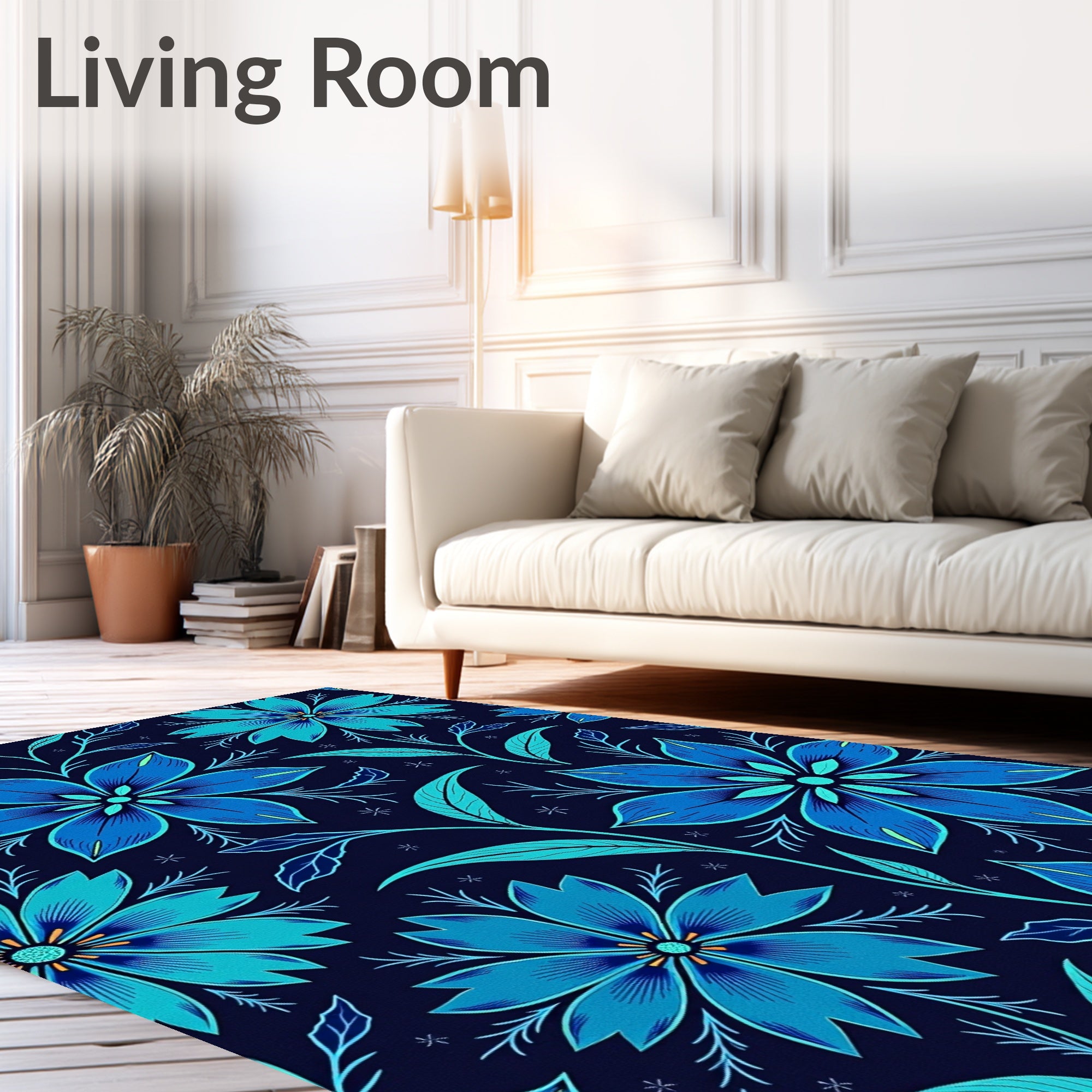Deep Blue Floral Vine Botanical Rug