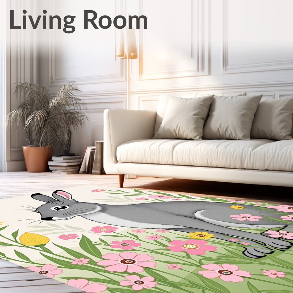Whimsical Gray Rabbit Meadow Garden Rug