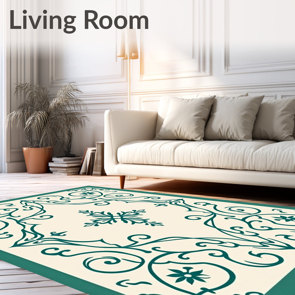 Emerald Green Floral Corner Scroll Rug