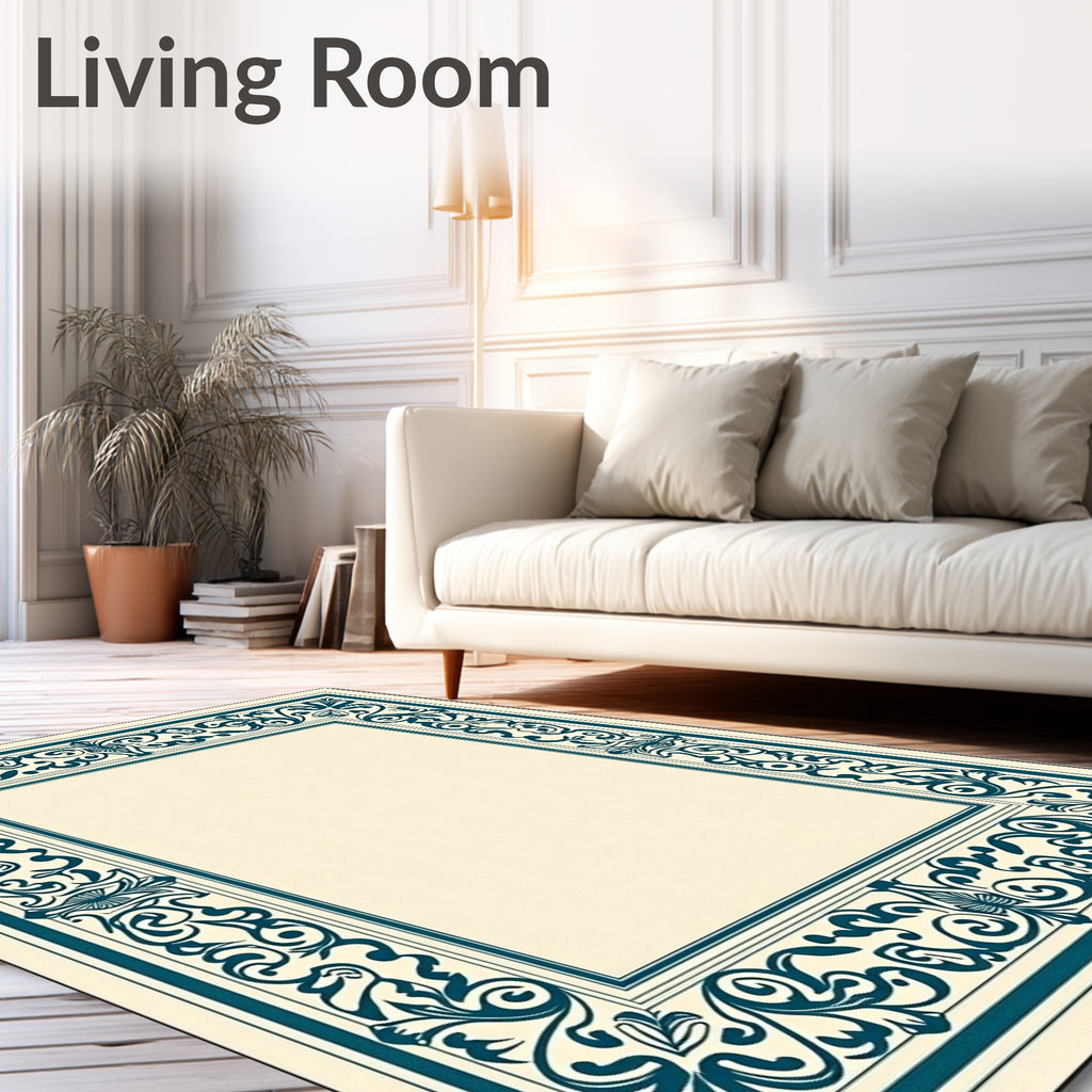 Teal Bordered Ivory Filigree Frame Rug