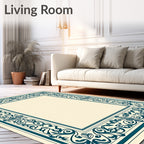 Teal Bordered Ivory Filigree Frame Rug