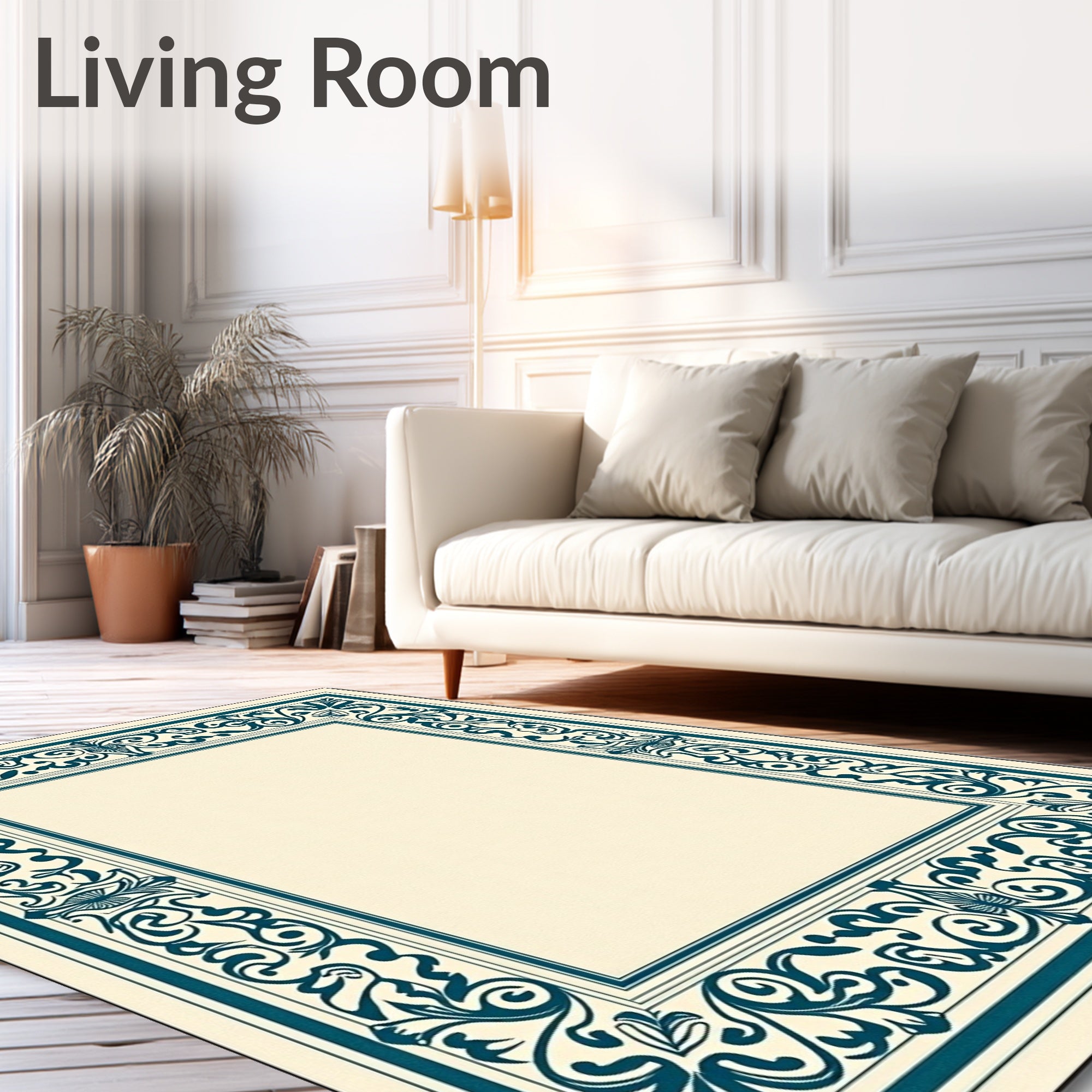 Teal Bordered Ivory Filigree Frame Rug