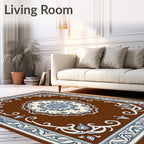 Brown Cream Blue Floral Medallion Rug