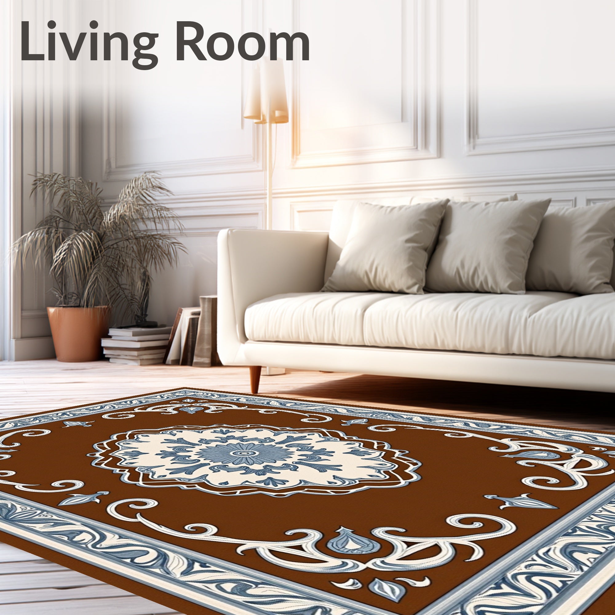 Brown Cream Blue Floral Medallion Rug
