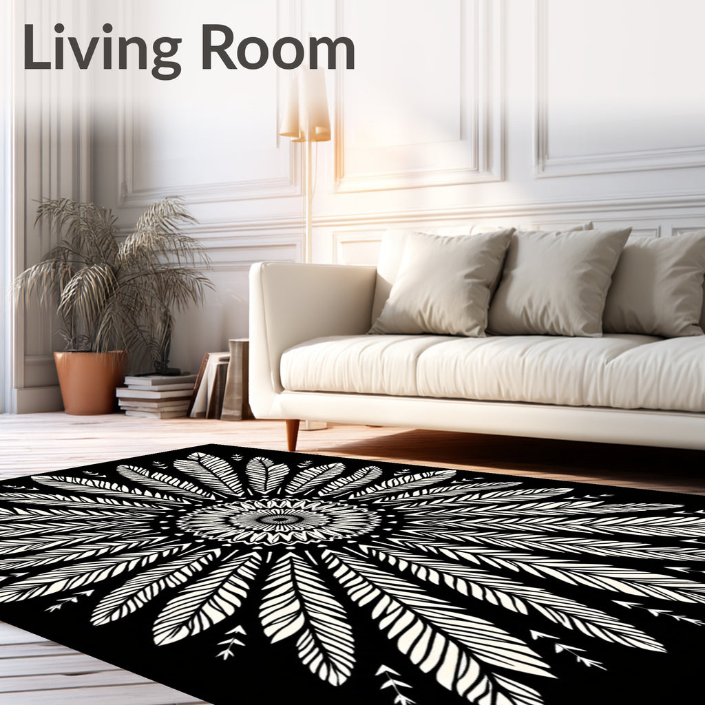 Black Cream Feather Mandala Radiance Rug