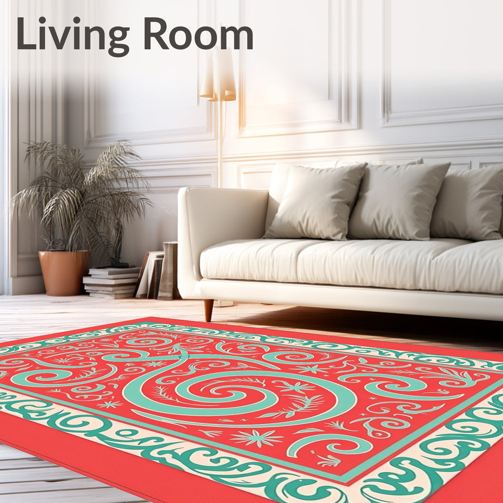 Coral Teal Swirl Floral Border Rug