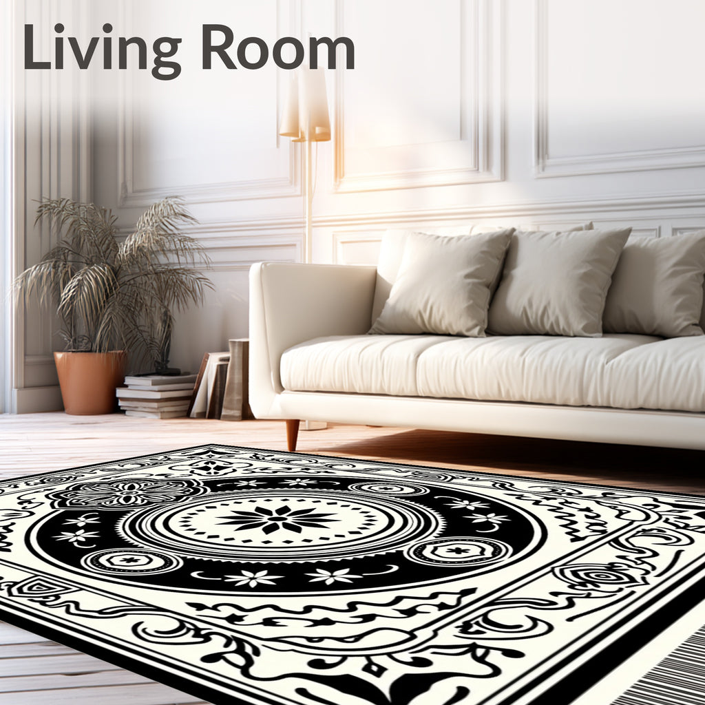 Black Cream Medallion Intricate Artwork Rug
