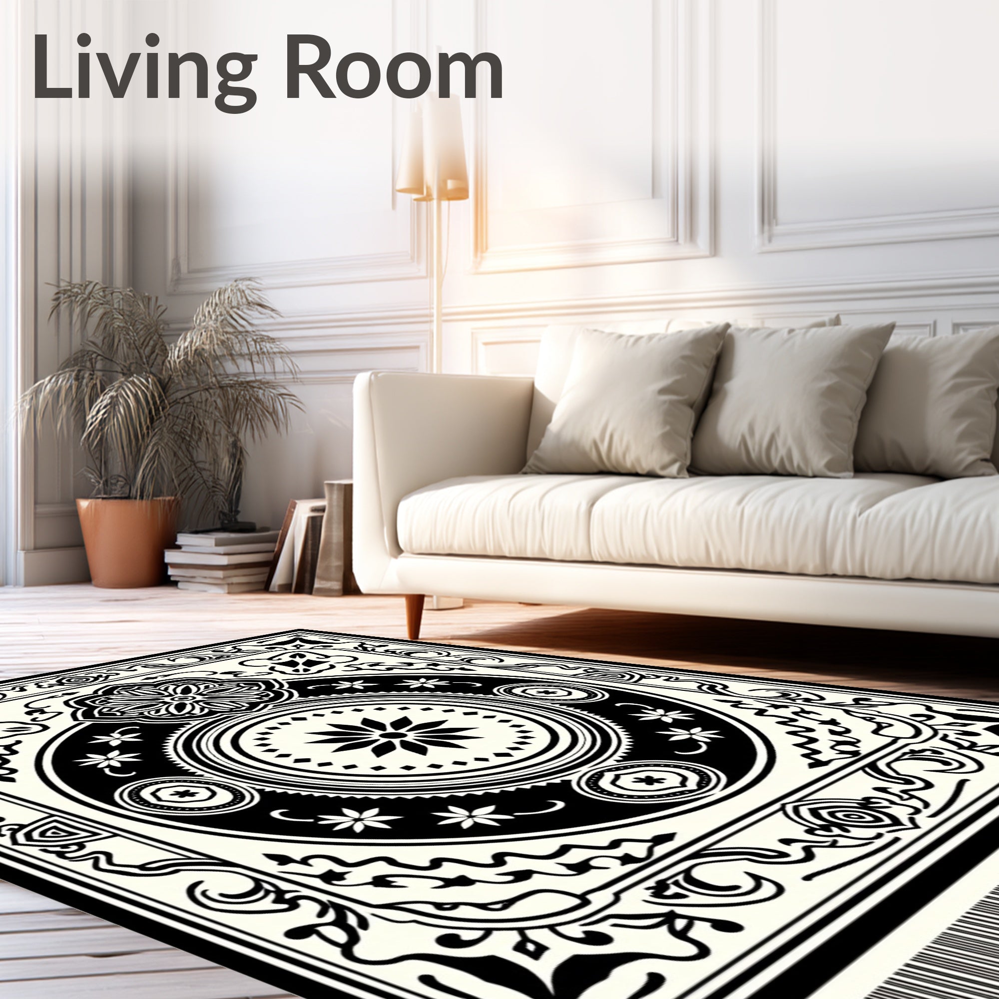 Black Cream Medallion Intricate Artwork Rug