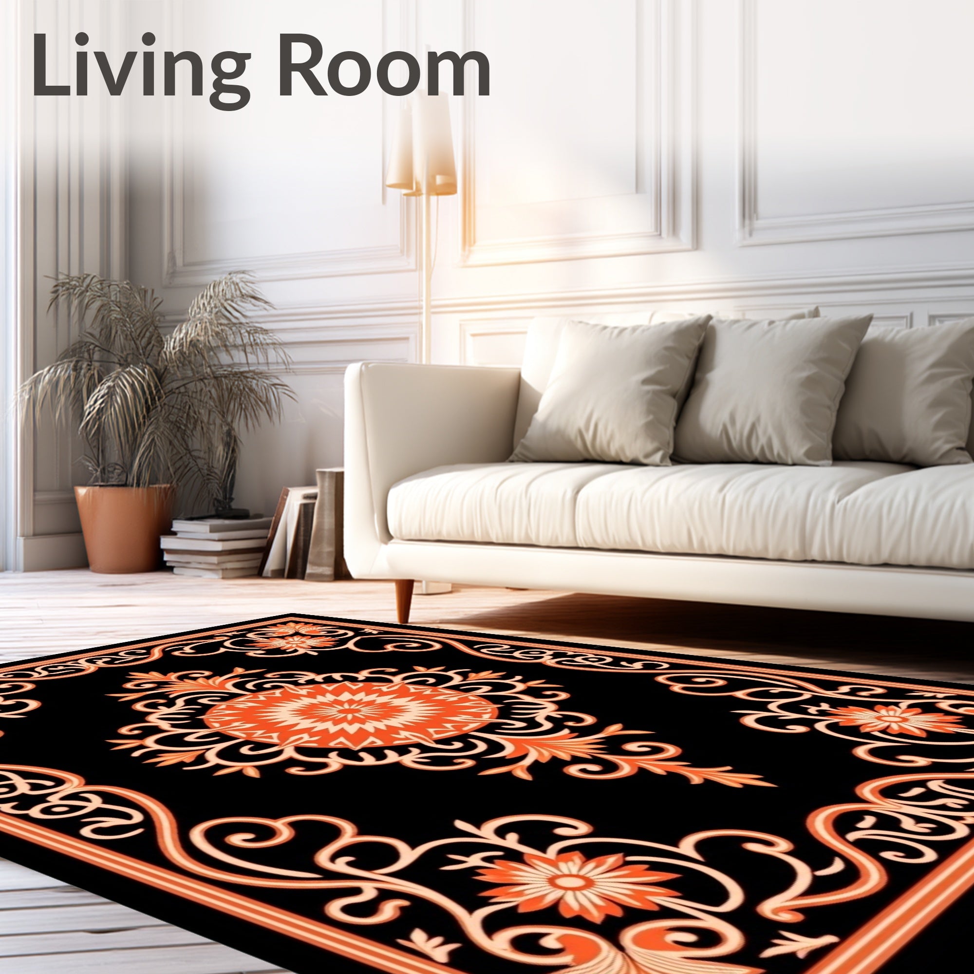 Black Orange Floral Medallion Frame Rug