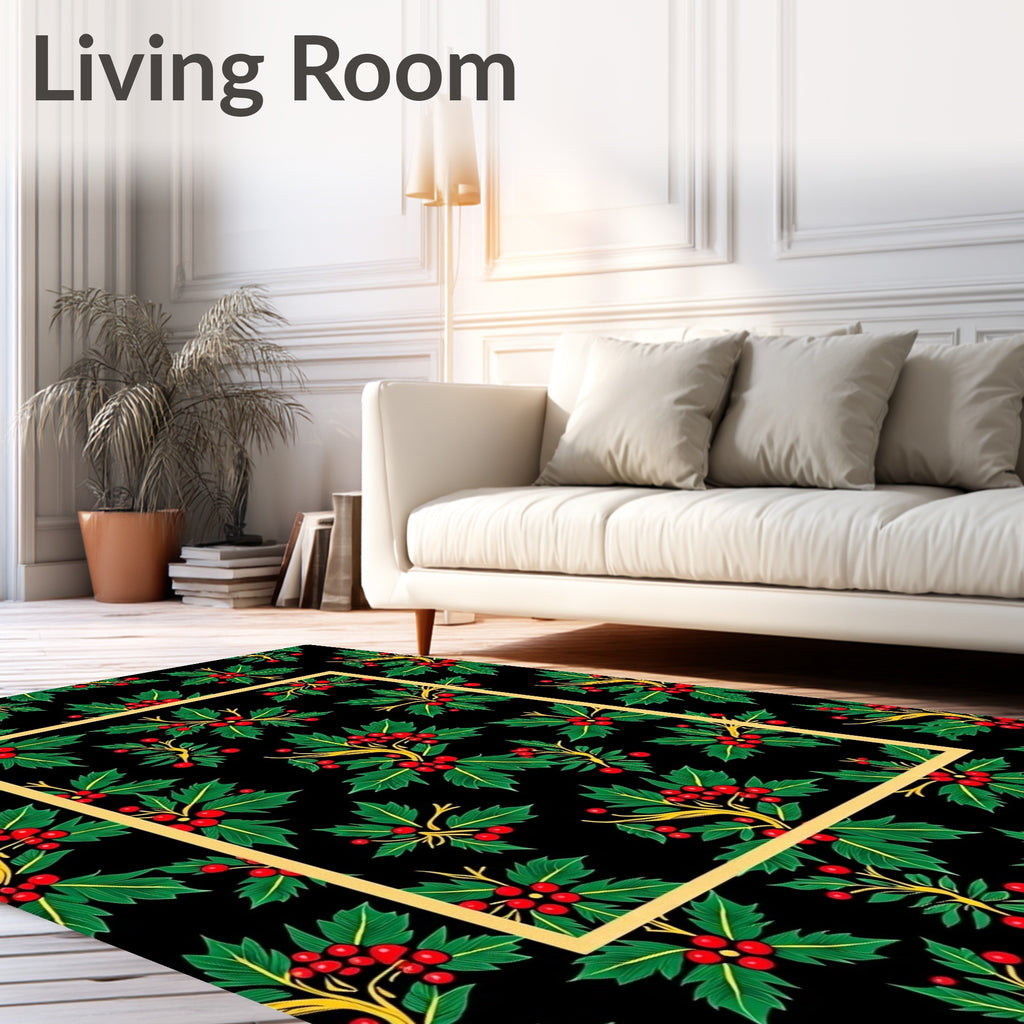 Festive Holly Berry Branches Black Rug