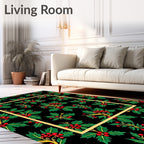 Festive Holly Berry Branches Black Rug