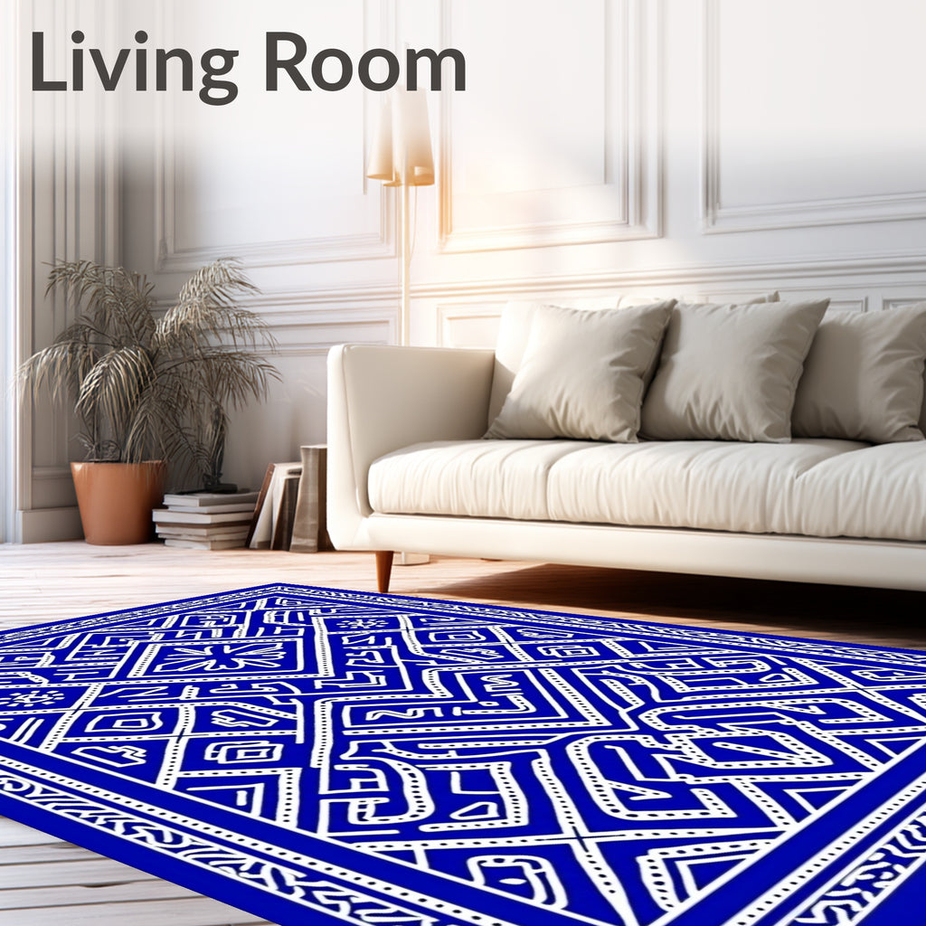 Bold Blue White Intricate Geometric Rug