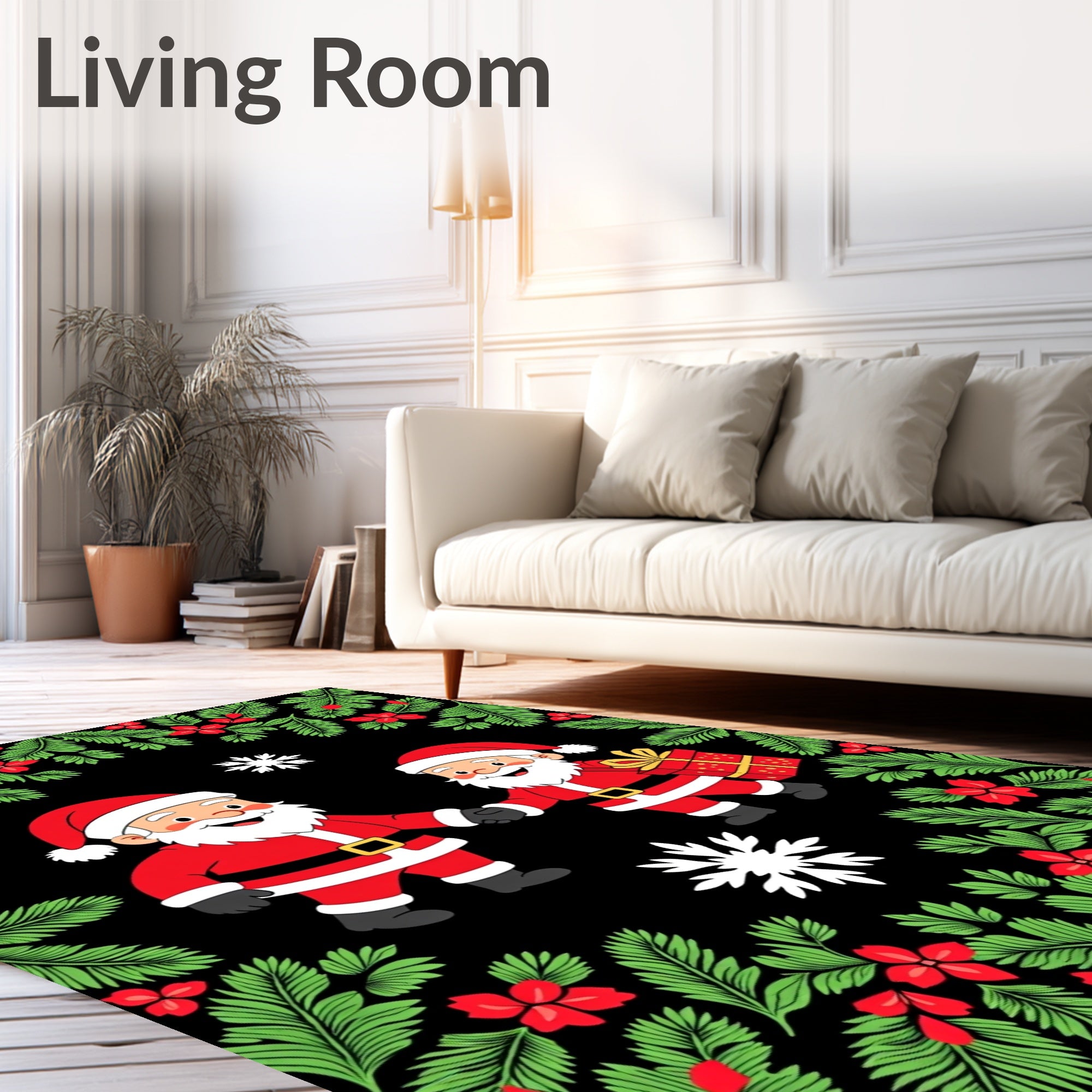 Festive Santas Red Green Foliage Rug