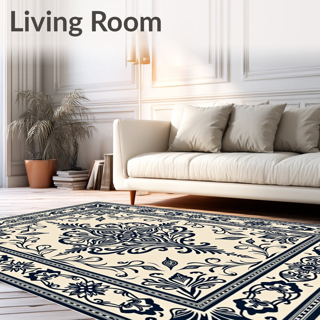 Cream Navy Floral Scroll Medallion Rug