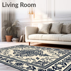 Cream Navy Floral Scroll Medallion Rug