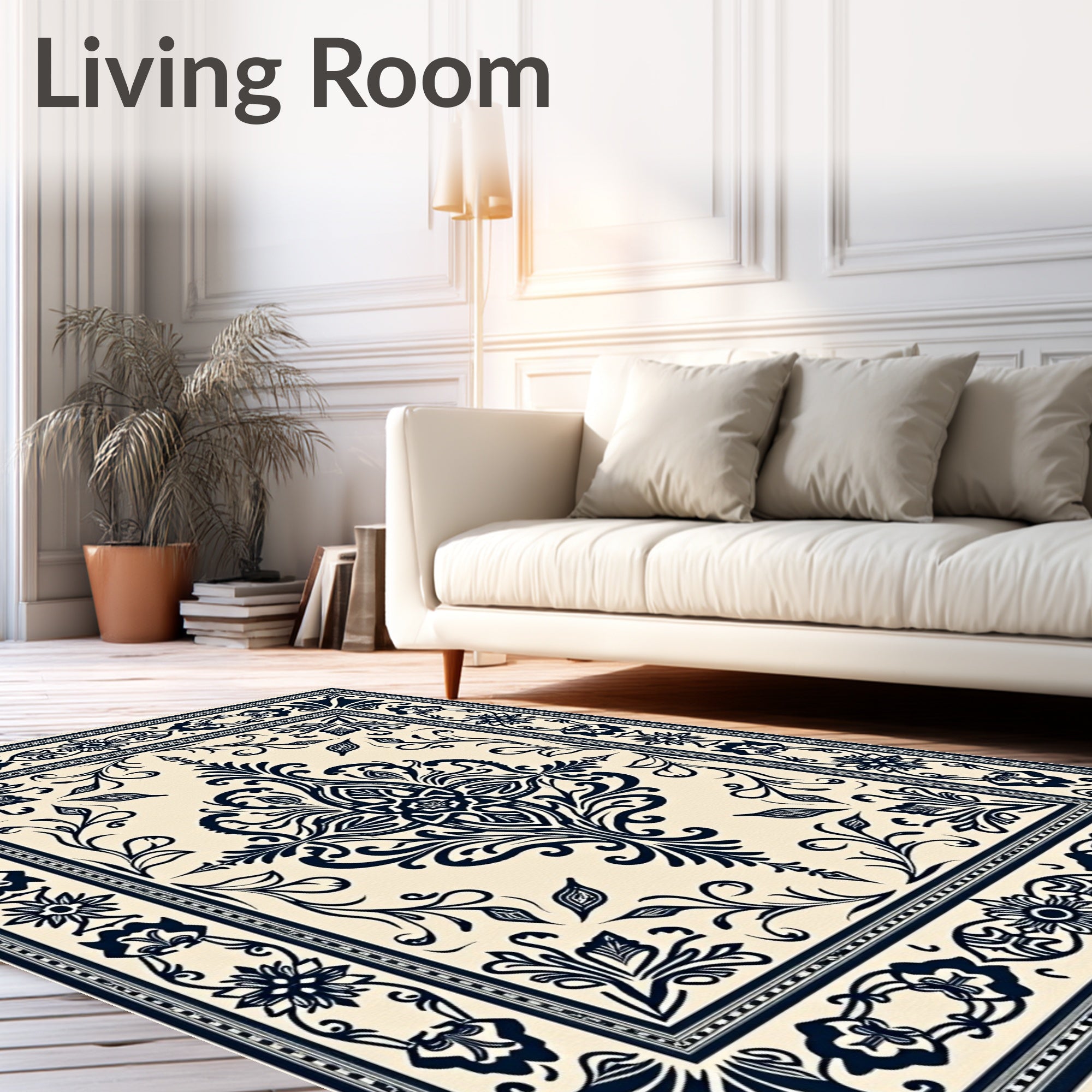 Cream Navy Floral Scroll Medallion Rug