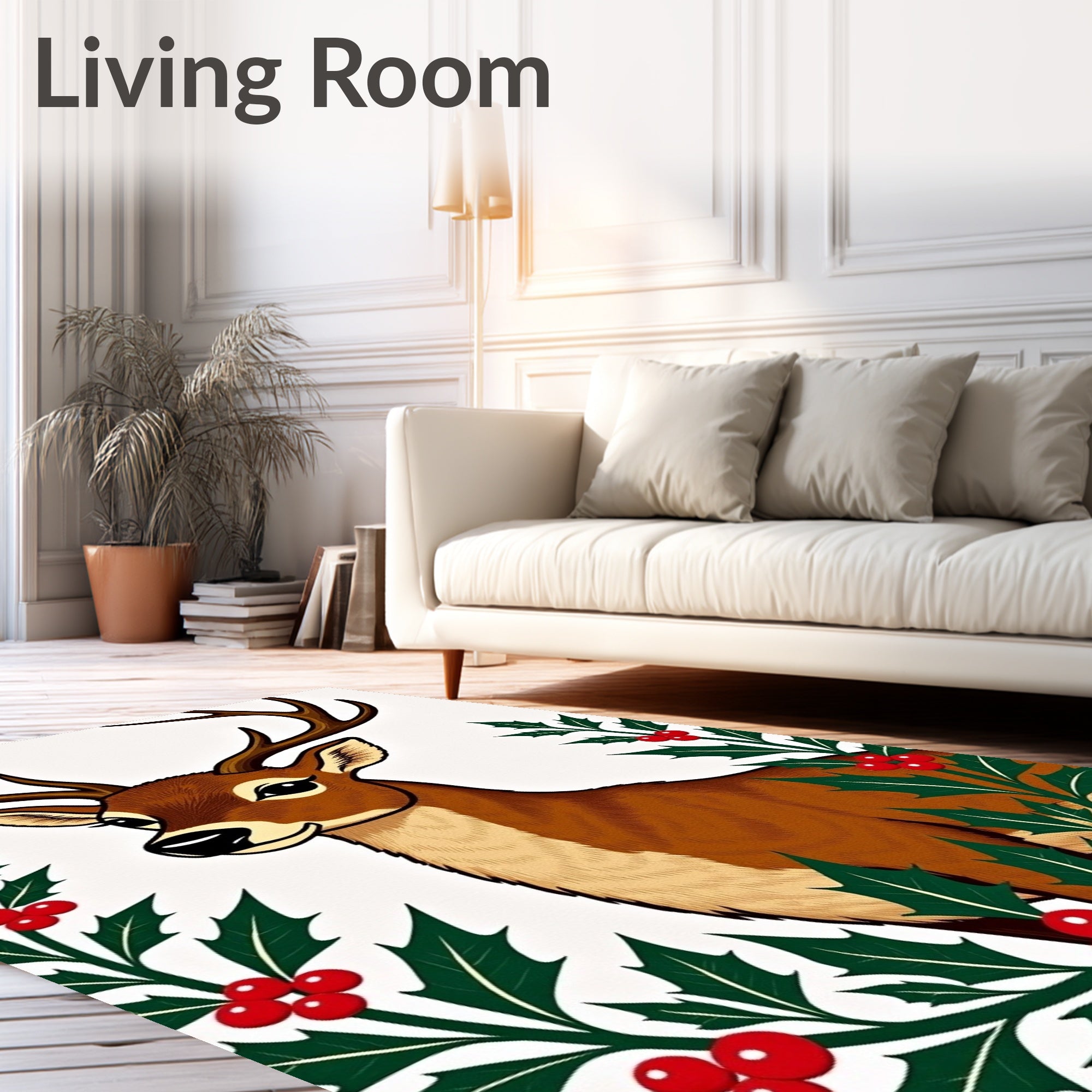 Festive Brown Deer Holly Borders Rug