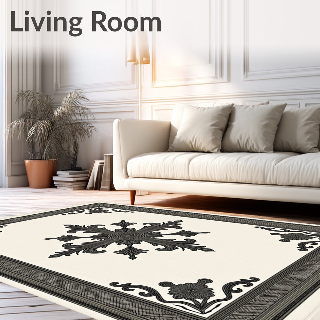 Ornate Black Cream Scroll Medallion Rug