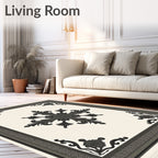 Ornate Black Cream Scroll Medallion Rug