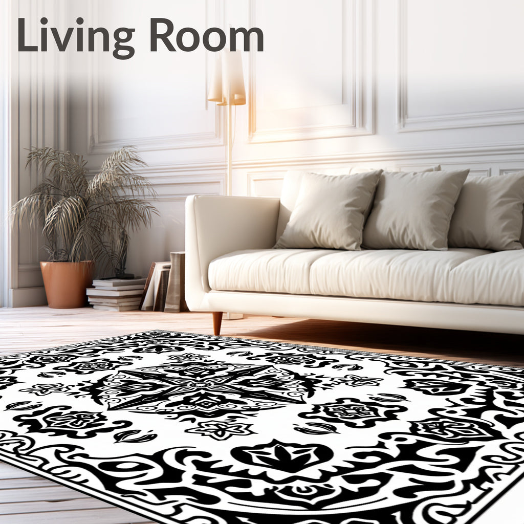 Bold Black and White Floral Mandala Rug